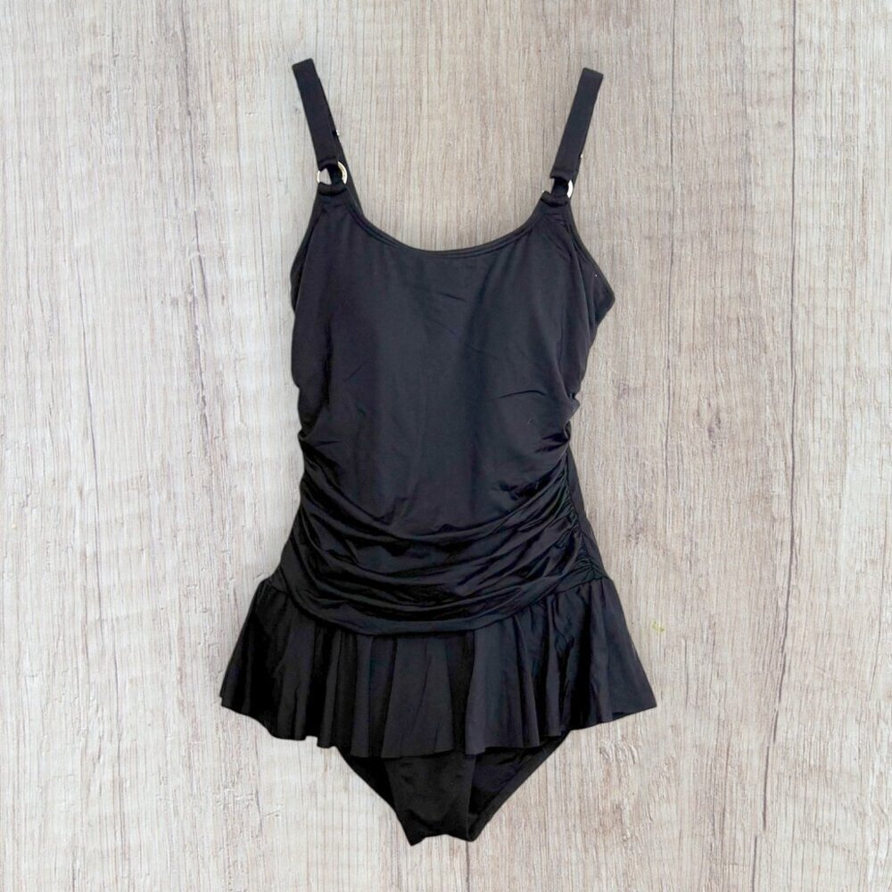 Calvin Klein Black Skirted One Piece Ruffle Skirt Swimsuit Ruched Swim Dress 6